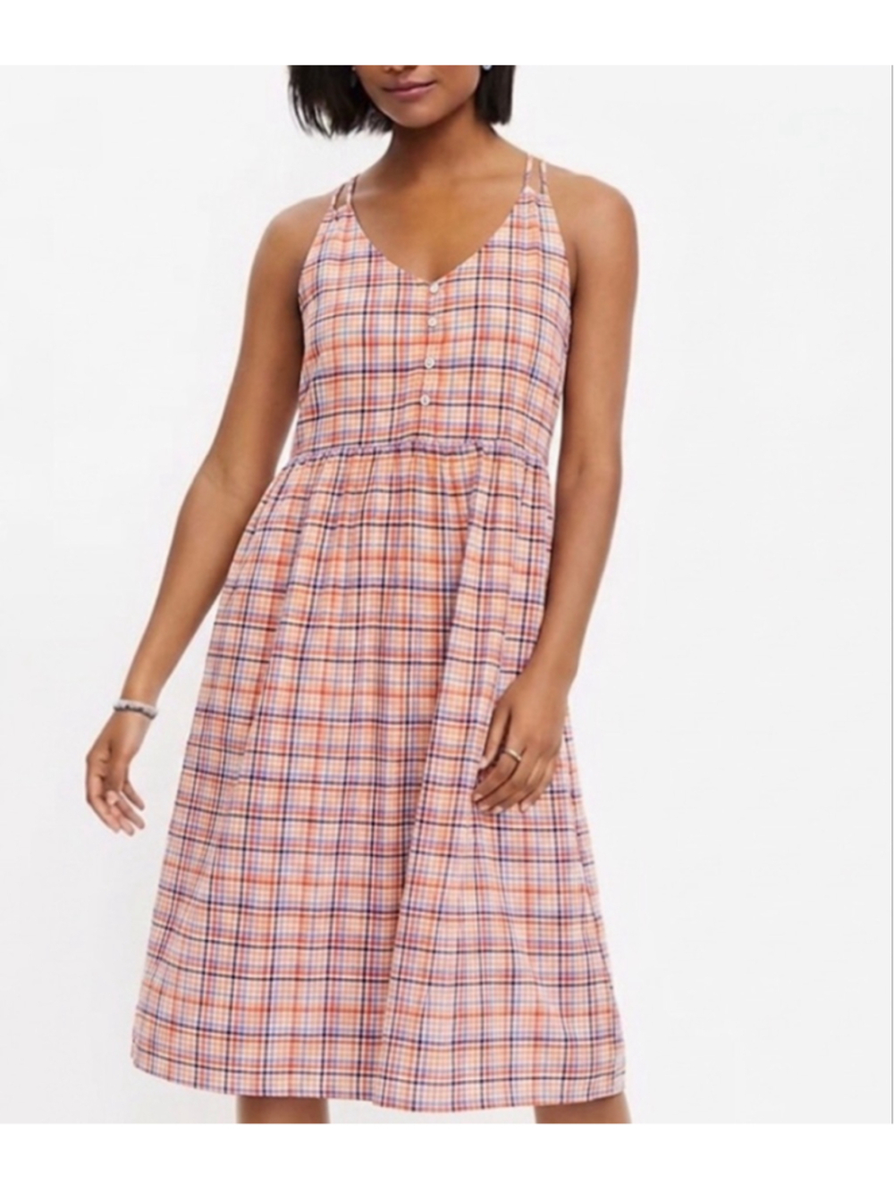 LOFT Orange Blue Plaid V-Neck Dress Size 2